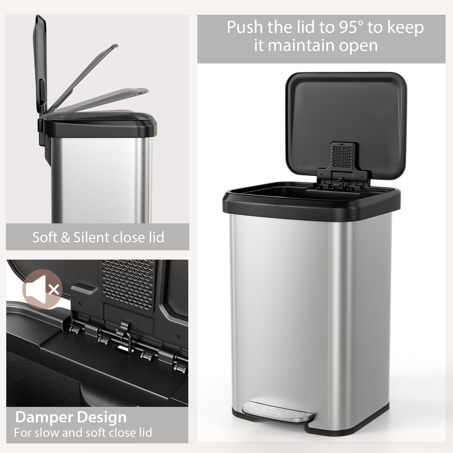 13.2 Gallon Step Trash Can, Soft Close Lid, Deodorizer Compartment, Silver Kitchen Organization at Gallery Canada