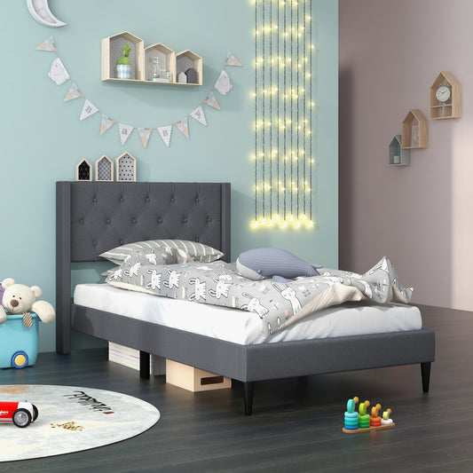 Twin Size Platform Bed With Tufted Wingback Headboard, Gray Simple Bed Frame Gray at Gallery Canada