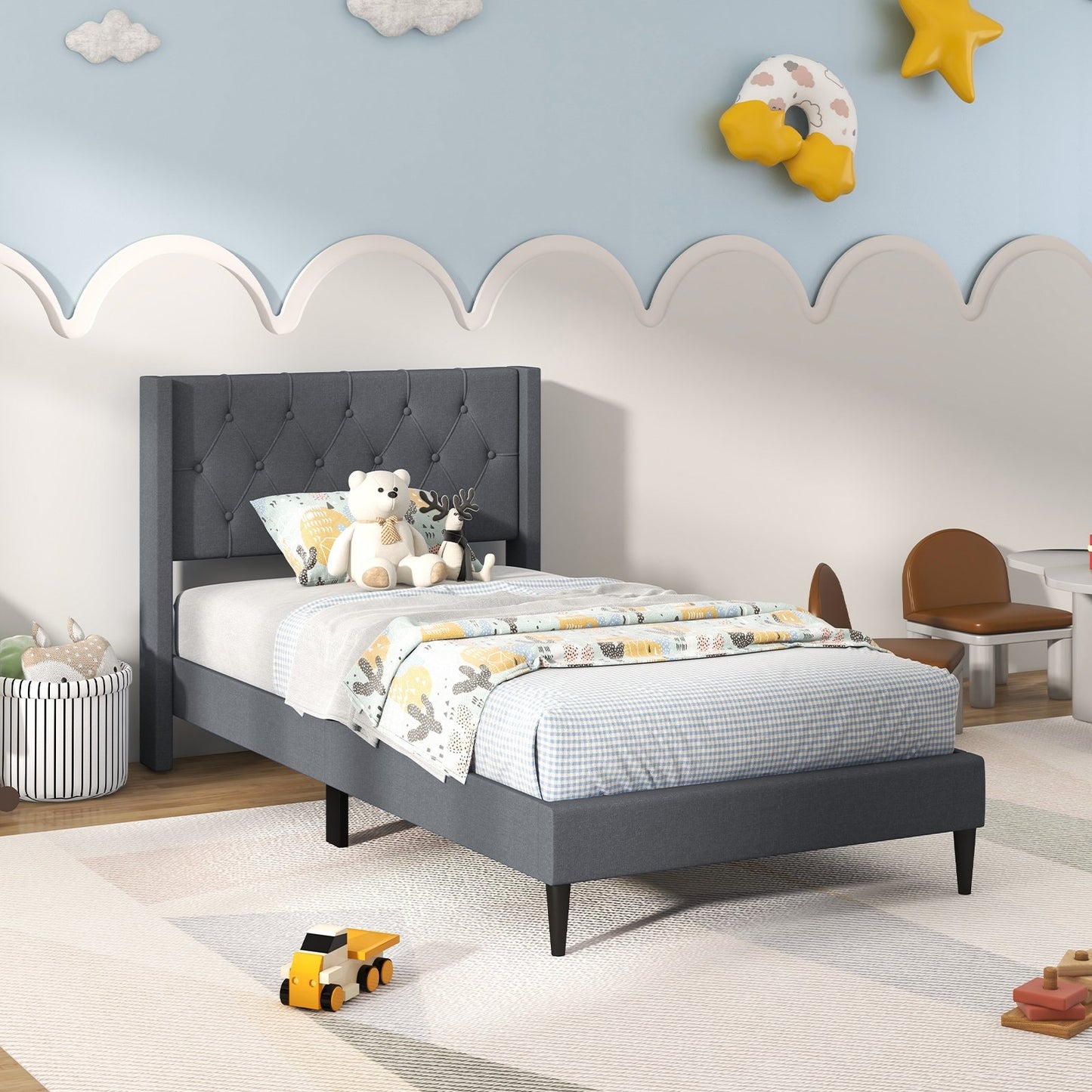 Twin Size Upholstered Platform Bed with Button Tufted Wingback Headboard, Gray