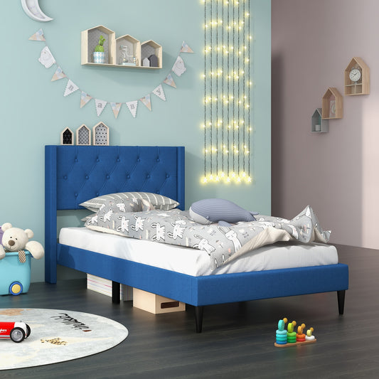 Twin Size Upholstered Platform Bed with Button Tufted Wingback Headboard, Blue Simple Bed Frame Blue at Gallery Canada