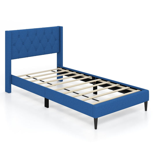 Twin Size Upholstered Platform Bed with Button Tufted Wingback Headboard, Blue