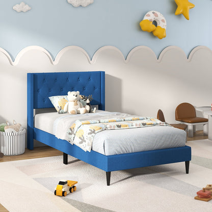 Twin Size Upholstered Platform Bed with Button Tufted Wingback Headboard, Blue