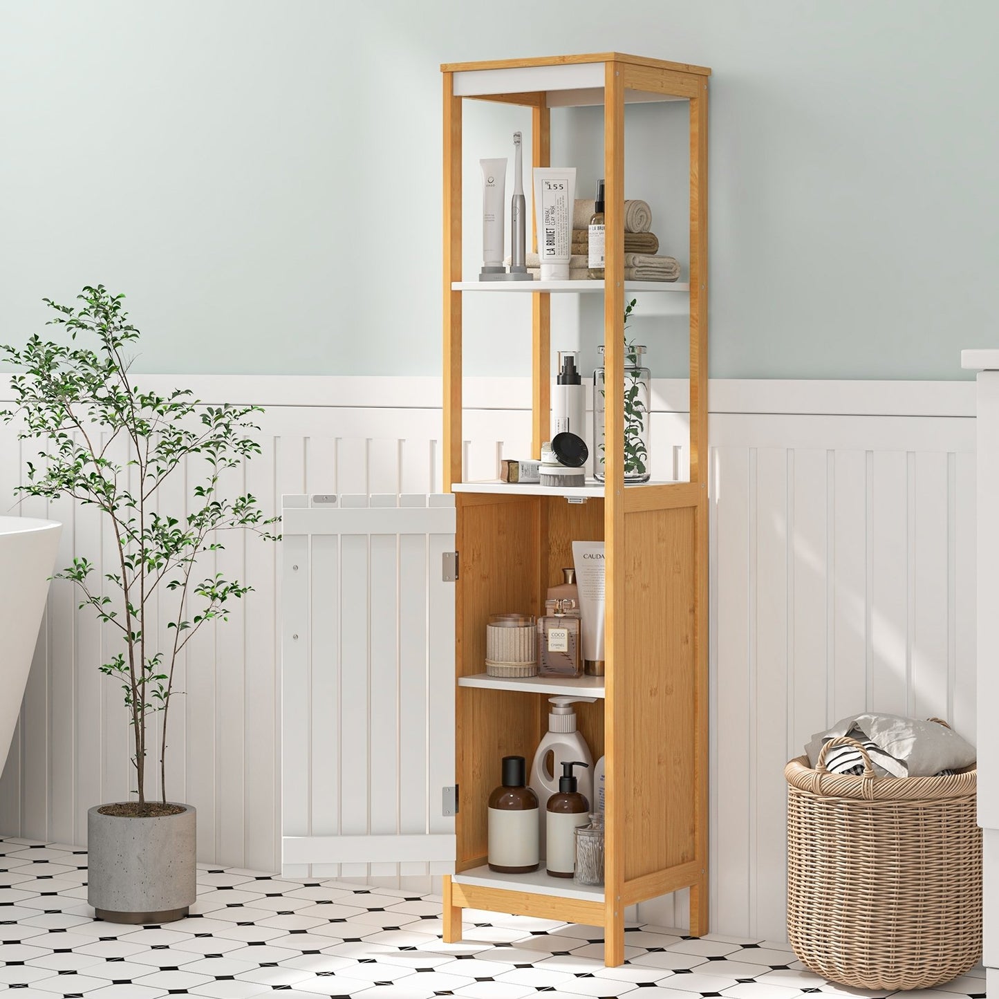 Bathroom Floor Cabinet with Door Shelves Adjustable Shelf, Natural