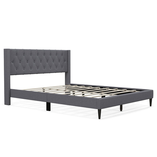 Queen Size Upholstered Platform Bed with Button Tufted Wingback Headboard, Gray