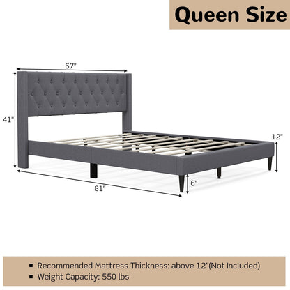Queen Size Upholstered Platform Bed with Button Tufted Wingback Headboard, Gray