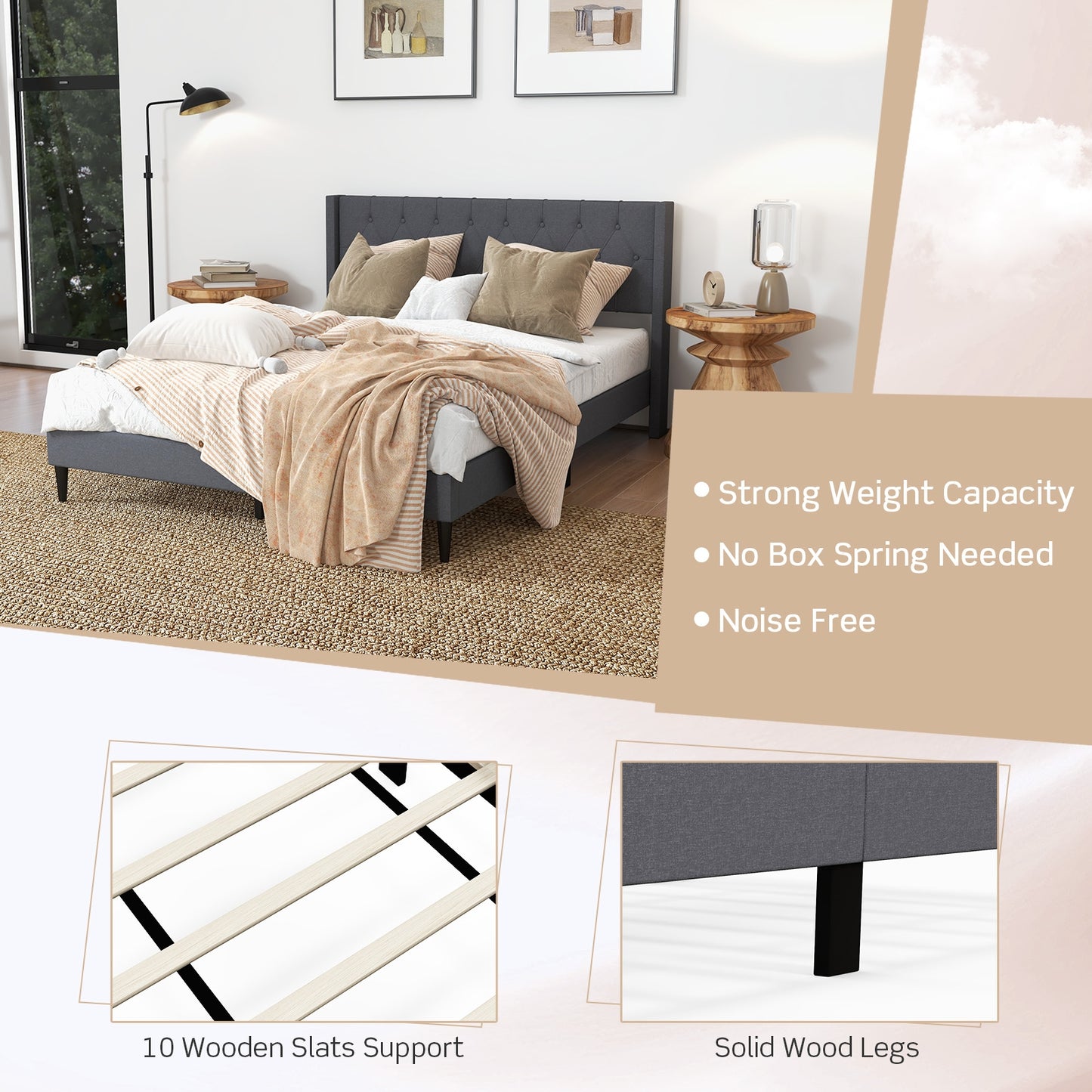 Queen Size Upholstered Platform Bed, Button Tufted Wingback Headboard, Gray Simple Bed Frame at Gallery Canada