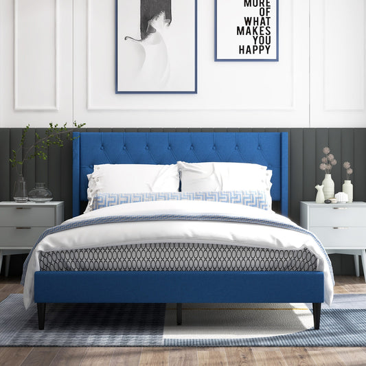 Queen Size Upholstered Platform Bed, Button Tufted Wingback Headboard, Blue Simple Bed Frame Blue at Gallery Canada