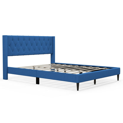 Queen Size Upholstered Platform Bed with Button Tufted Wingback Headboard, Blue