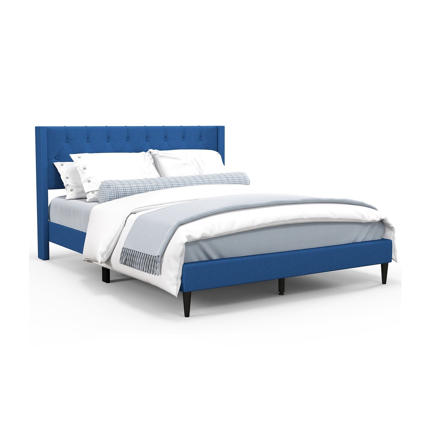 Queen Size Upholstered Platform Bed with Button Tufted Wingback Headboard, Blue