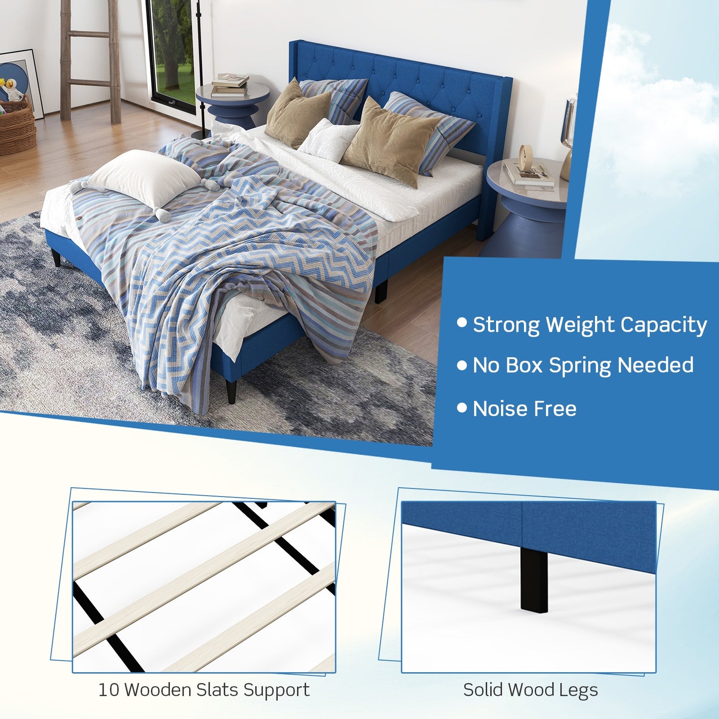 Queen Size Upholstered Platform Bed, Button Tufted Wingback Headboard, Blue Simple Bed Frame at Gallery Canada