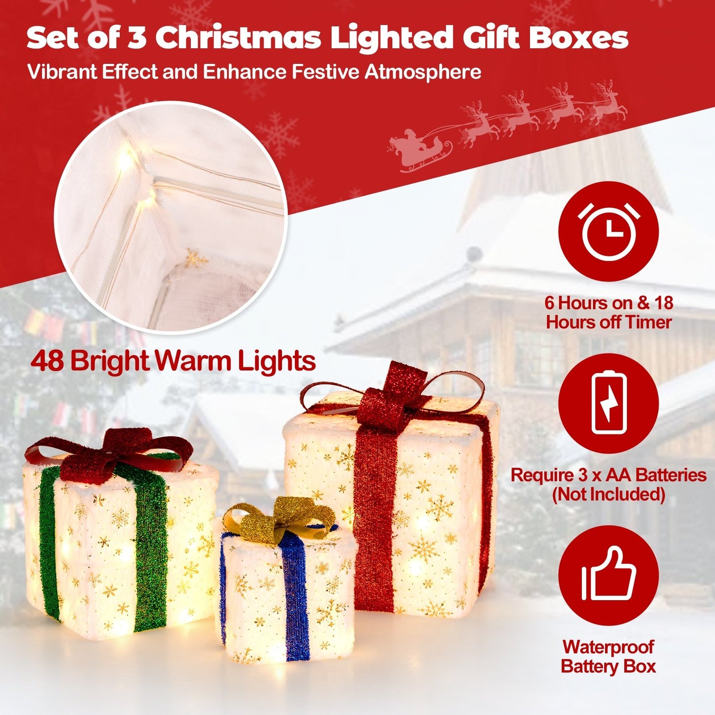 Set of 3 Christmas Lighted Gift Boxes with 48 Bright Warm Lights
