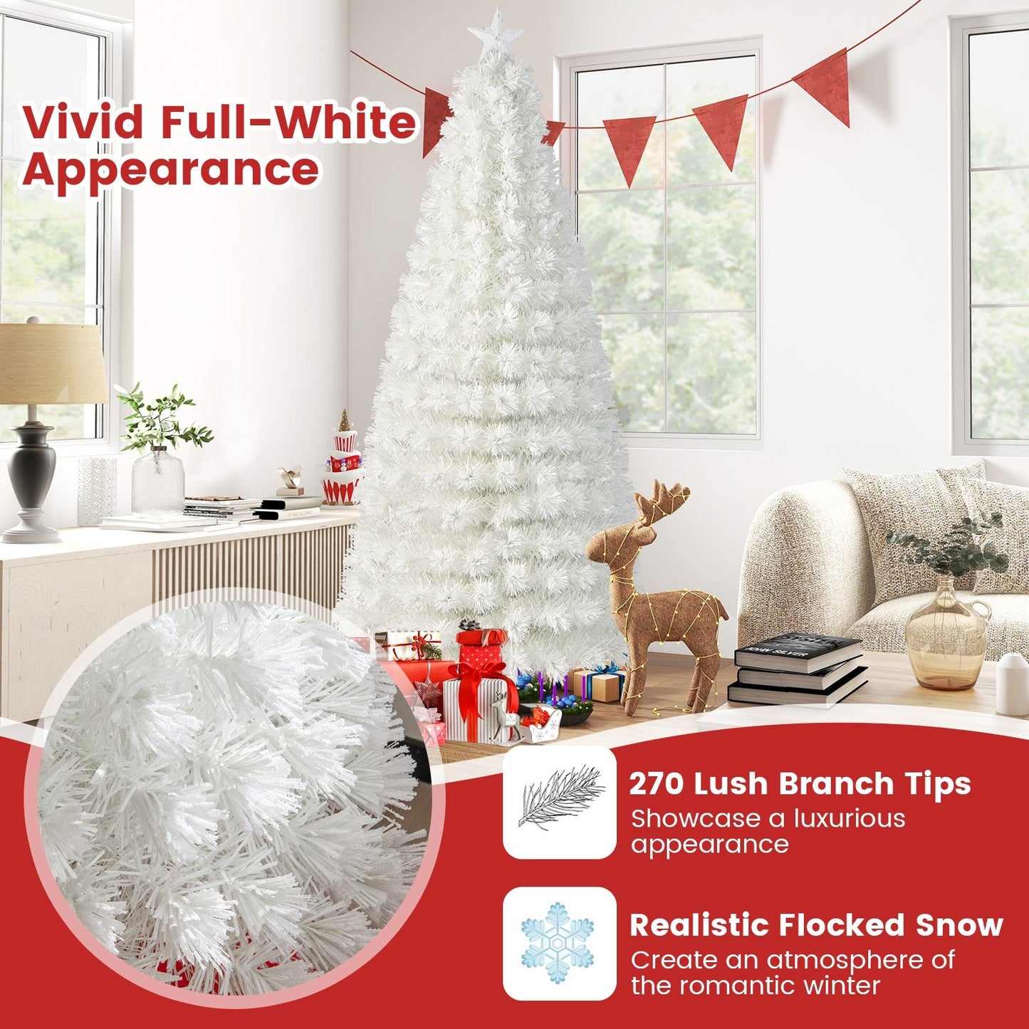 6/7 Feet Pre-Lit Fiber Optic White Snow-Flocked Artificial Christmas Tree-7 ft, White