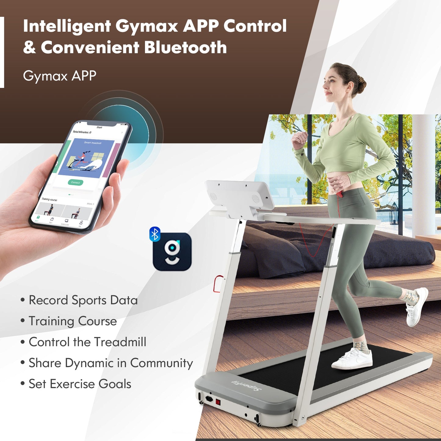 3HP Folding Treadmill with Adjustable Height and APP Control, Silver Treadmills at Gallery Canada