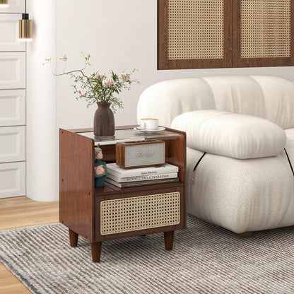 Bamboo Rattan Nightstand with Drawer and Solid Wood Legs, Brown