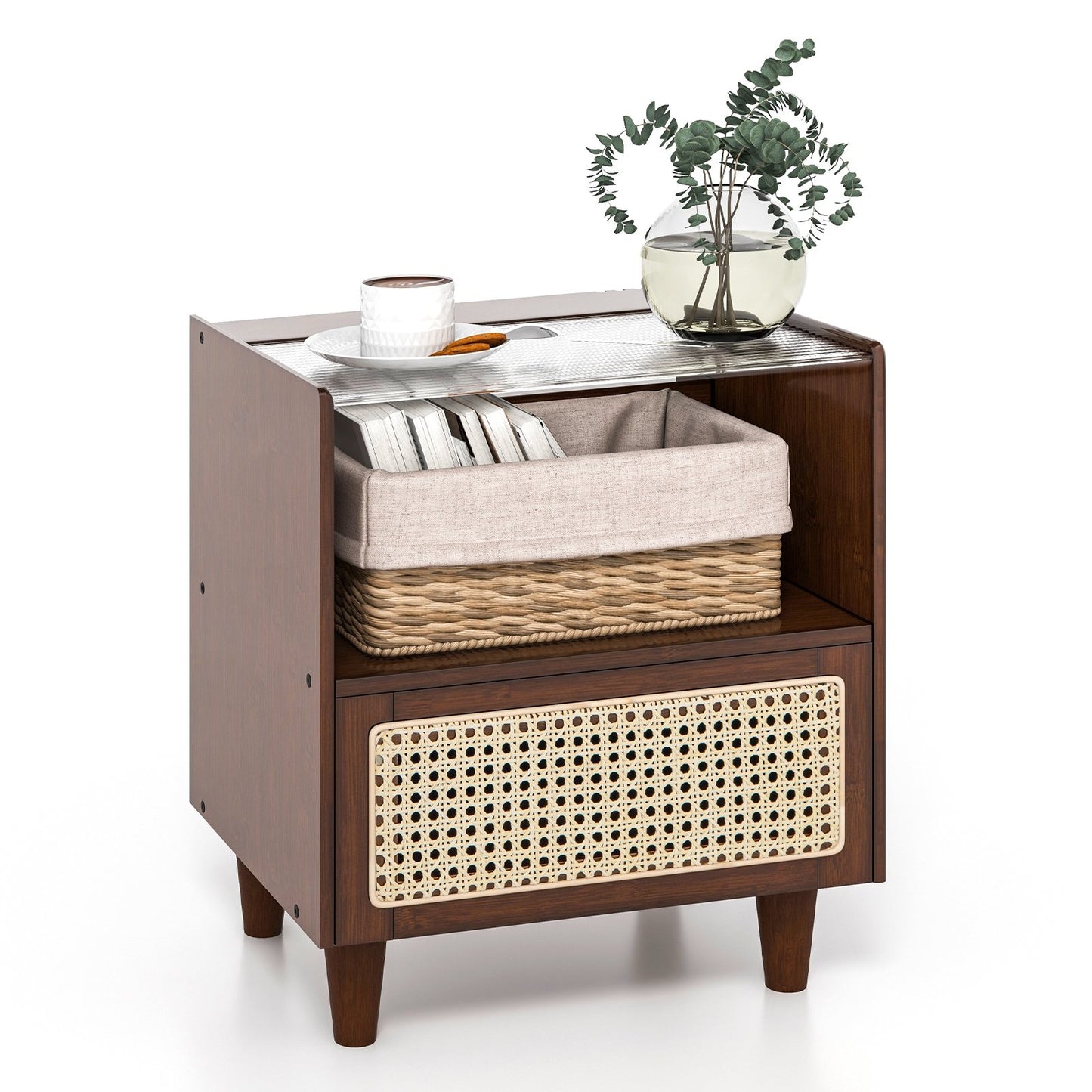 Bamboo Rattan Nightstand with Drawer and Solid Wood Legs, Brown