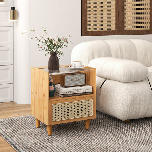 Bamboo Rattan Nightstand with Drawer and Solid Wood Legs, Natural Nightstands Natural at Gallery Canada
