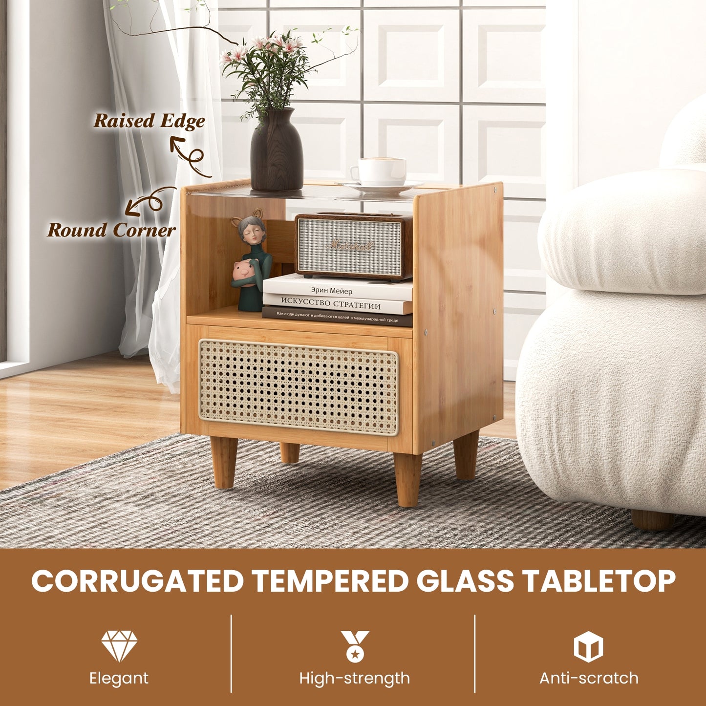 Bamboo Rattan Nightstand With Drawer, Natural Nightstands at Gallery Canada