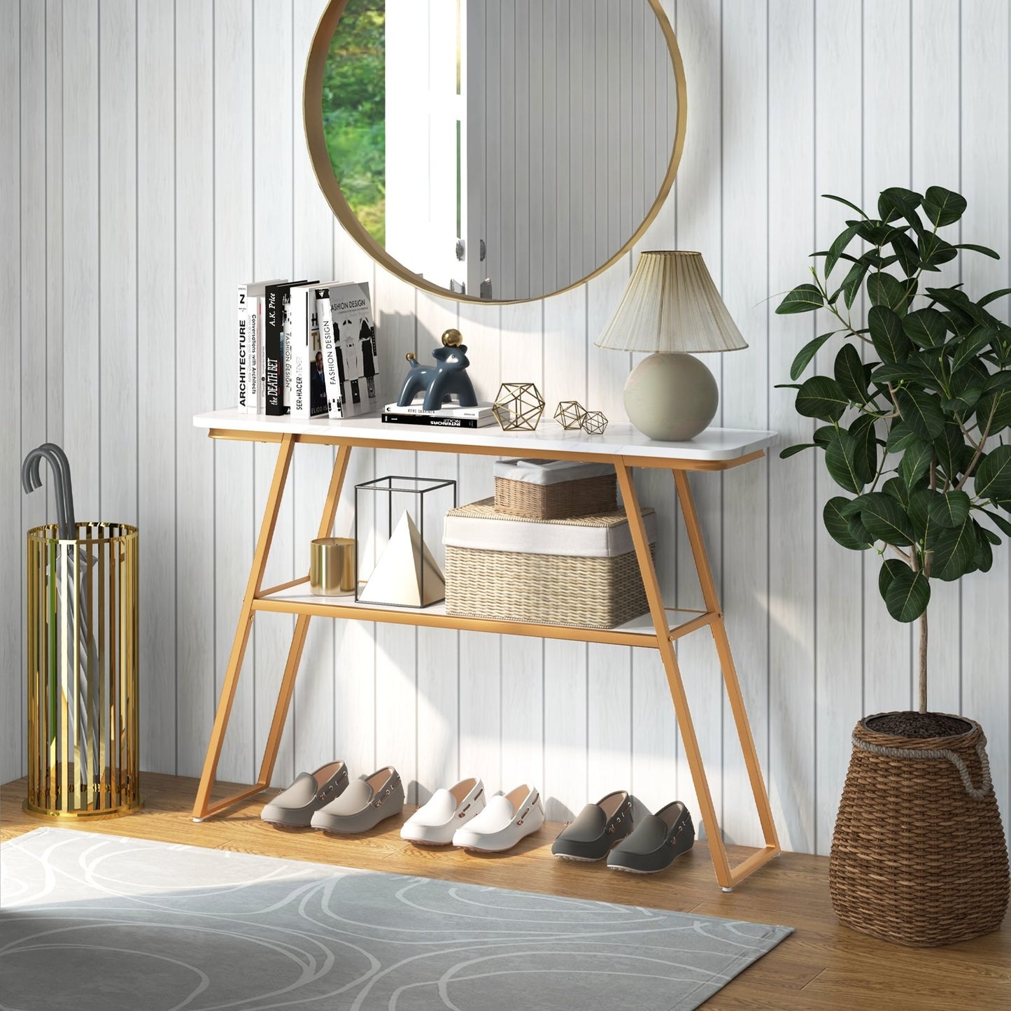 Console Table with Open Shelf Gold Metal Frame Living Room Hallway, White at Gallery Canada