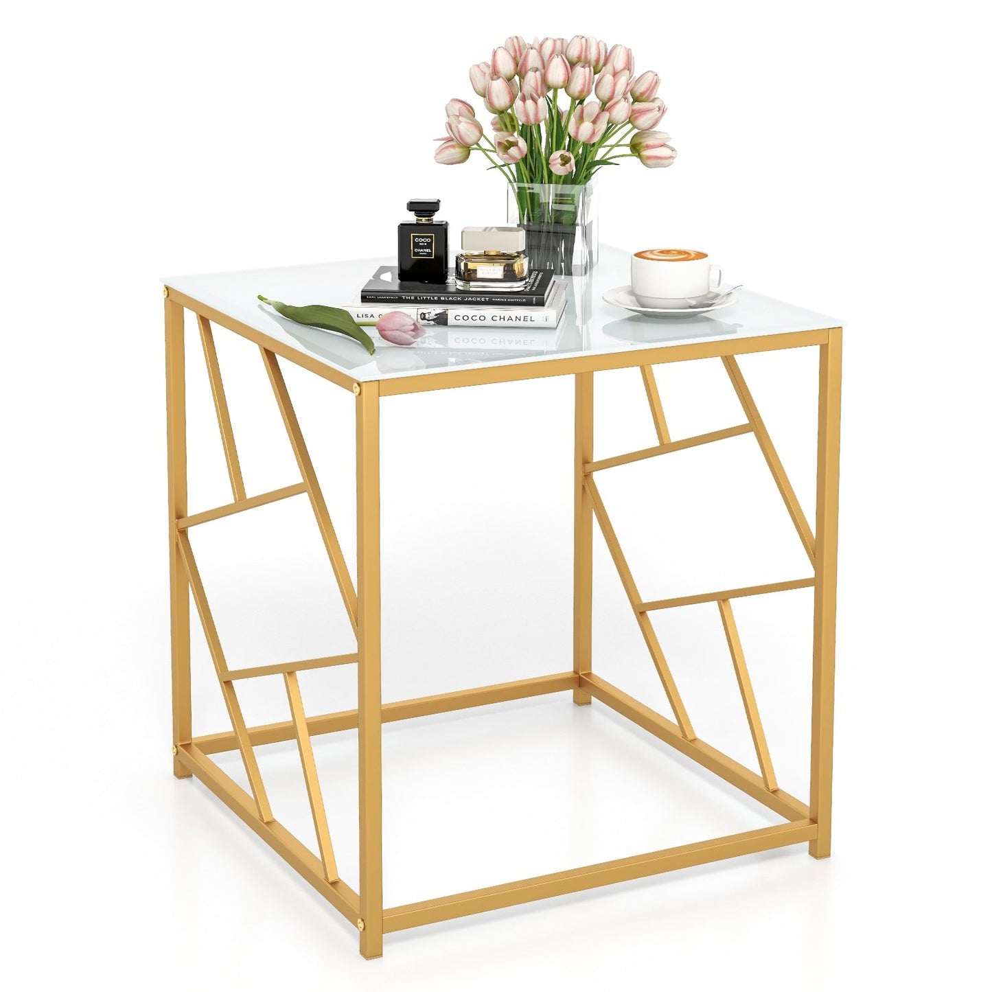 Square End Table with Tempered Glass Tabletop and Gold Finish Geometric Frame, Golden
