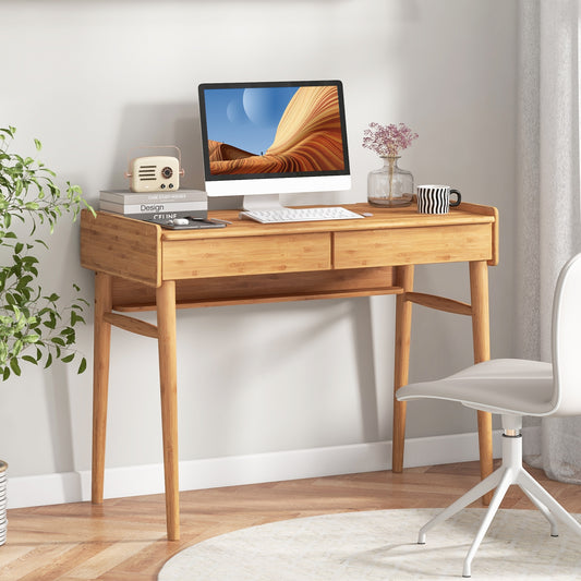 Bamboo Writing Desk, 2 Storage Drawers, Open Shelf, Natural Writing Desks Natural at Gallery Canada