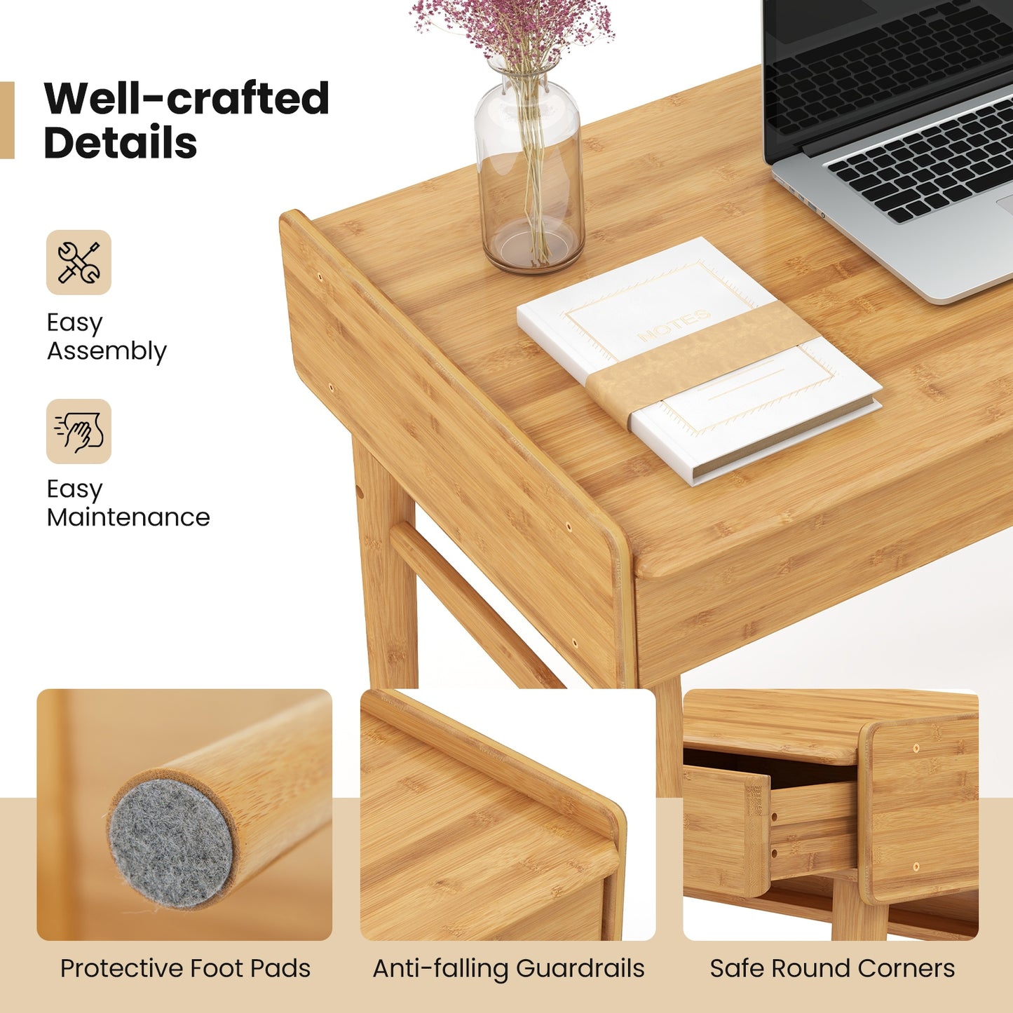 Bamboo Writing Desk, 2 Storage Drawers, Open Shelf, Natural Writing Desks at Gallery Canada