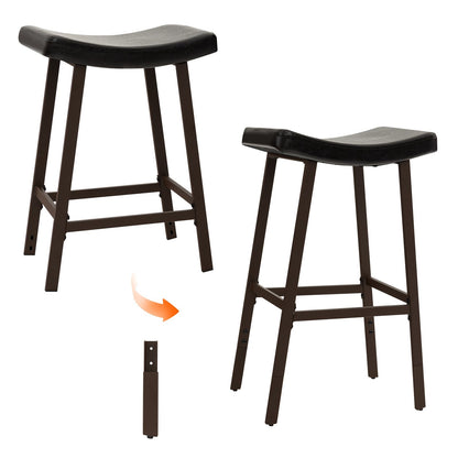 Bar Stools Set of 2 with PU Leather Upholstered Saddle Seat and Footrest, Brown