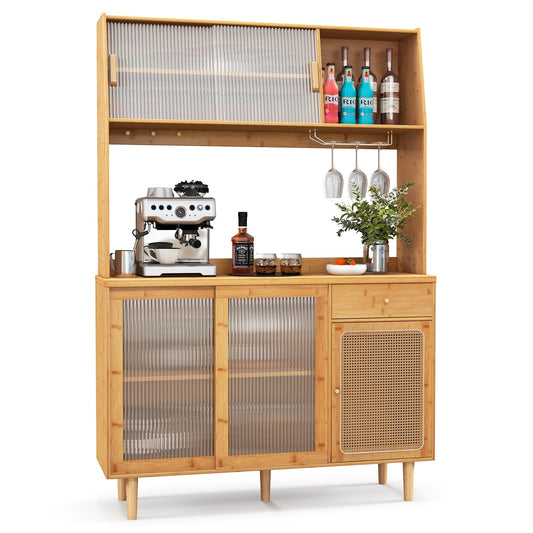69 Inch Wine Bar Kitchen Cabinet with Sliding Tempered Glass and Rattan Door, Natural