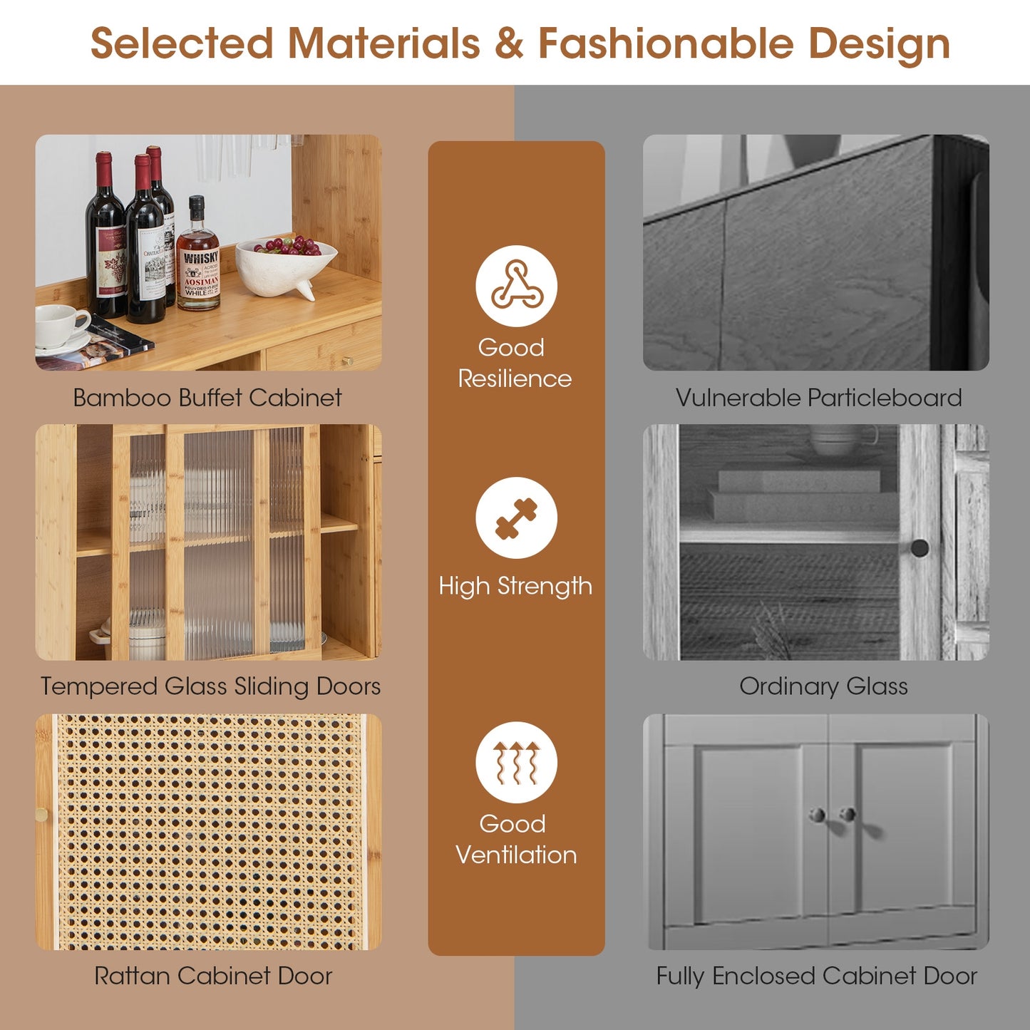 69 Inch Wine Bar Kitchen Cabinet with Sliding Tempered Glass and Rattan Door, Natural Sideboards Cabinets & Buffets at Gallery Canada
