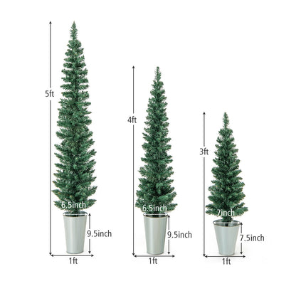 Set of 3 Potted Artificial Christmas Tree with Silver Metal Buckets, Green