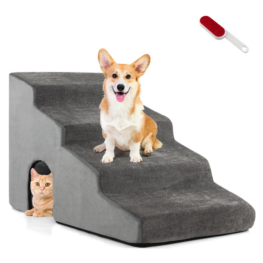 4-Tier High Density Foam Dog Ramps Extra Wide Pet Stairs with Non-slip Bottom, Gray