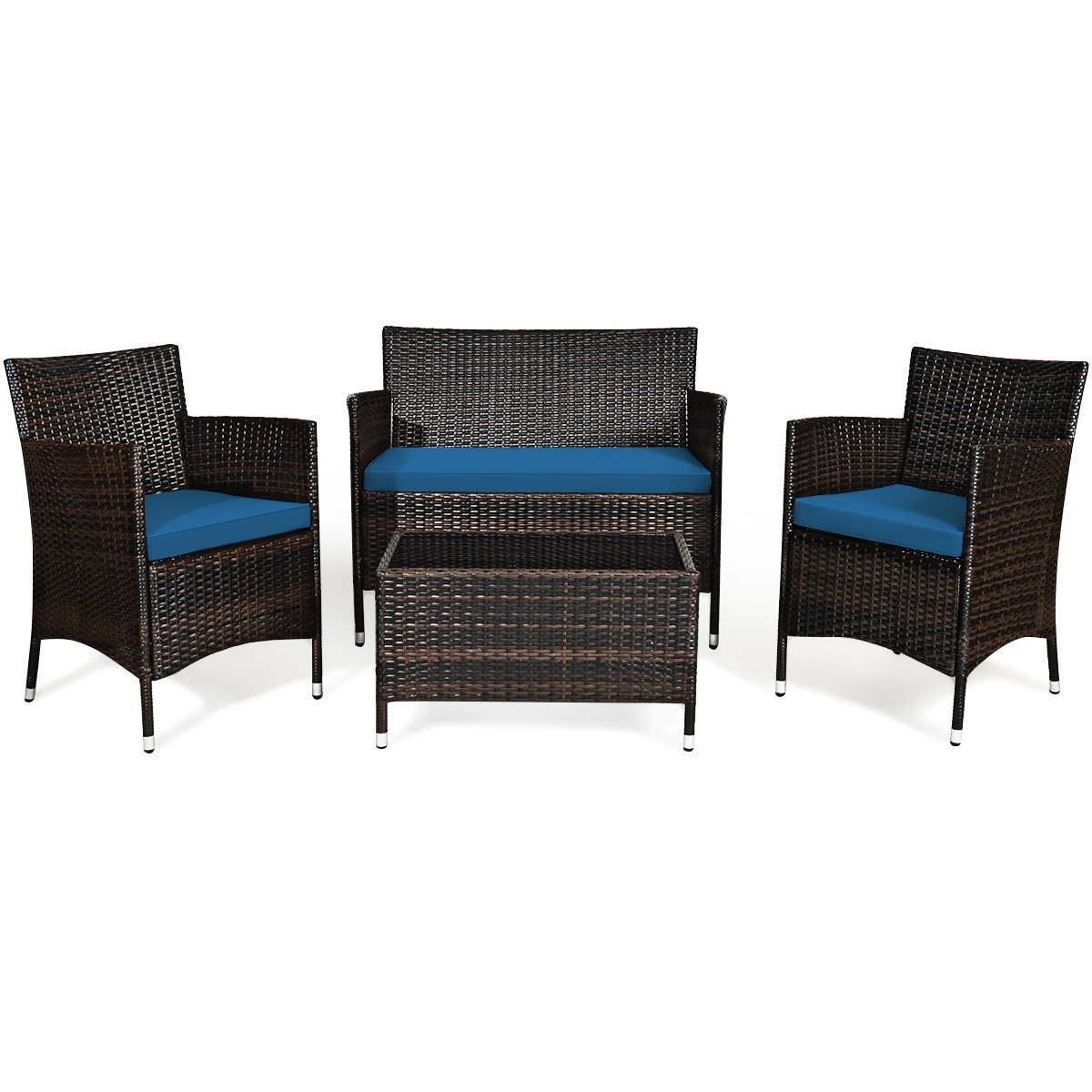 4 Pieces Comfortable Outdoor Rattan Sofa Set with Glass Coffee Table, Peacock Blue