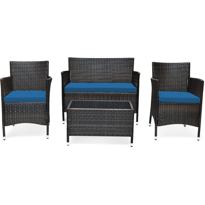 4 Pieces Comfortable Outdoor Rattan Sofa Set with Glass Coffee Table, Peacock Blue