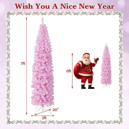 5/6/7 FT Pre-lit Artificial Christmas Tree with Branch Tips LED Lights Metal Stand-7ft, Pink