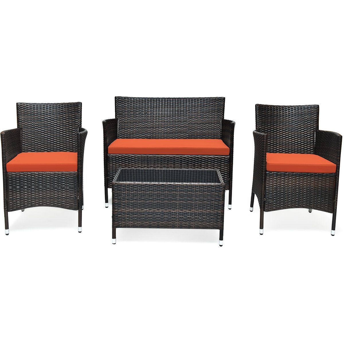 4 Pieces Comfortable Outdoor Rattan Sofa Set with Glass Coffee Table, Orange