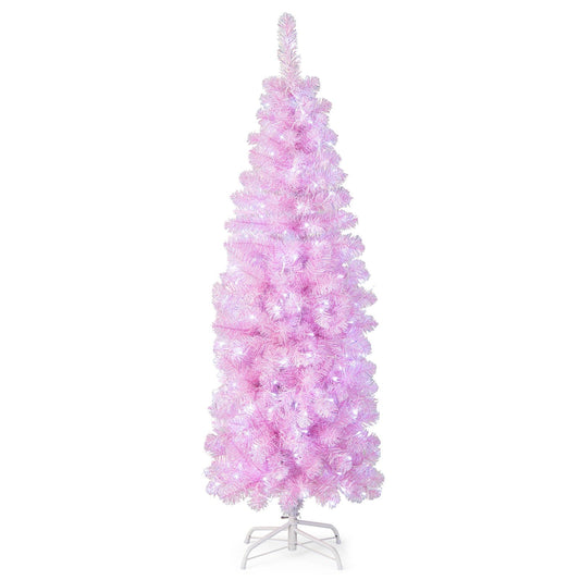 5/6/7 FT Pre-lit Artificial Christmas Tree with Branch Tips LED Lights Metal Stand-5ft, Pink at Gallery Canada