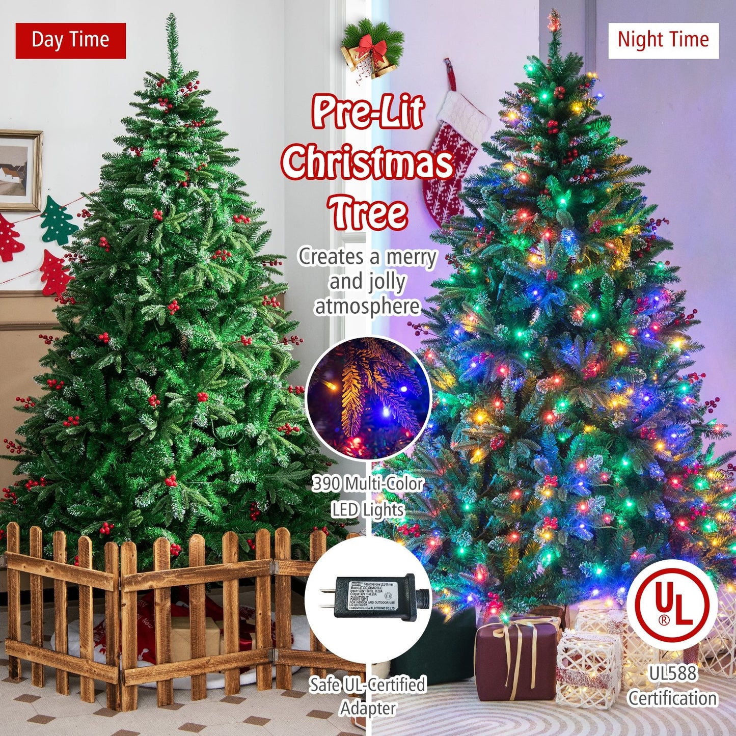 7 FT Pre-Lit Artificial Christmas Tree 390 Multi-Color LED Lights, Green