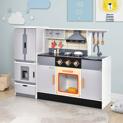 Wooden Chef Play Kitchen and Refrigerator with Realistic Range Hood and Roaster, Gray