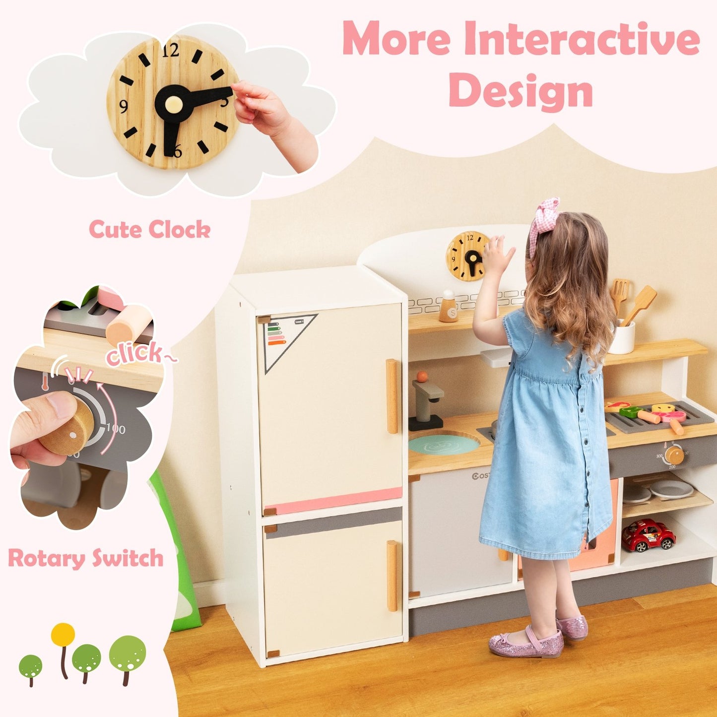 Kids Play Kitchen Set with Realistic Range Hood and Refrigerator