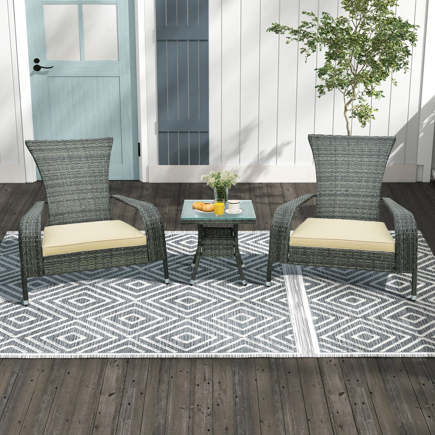 3-Piece Wicker Adirondack Set with Comfy Seat Cushions, Gray