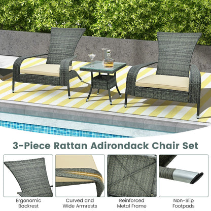3-Piece Wicker Adirondack Set with Comfy Seat Cushions, Gray