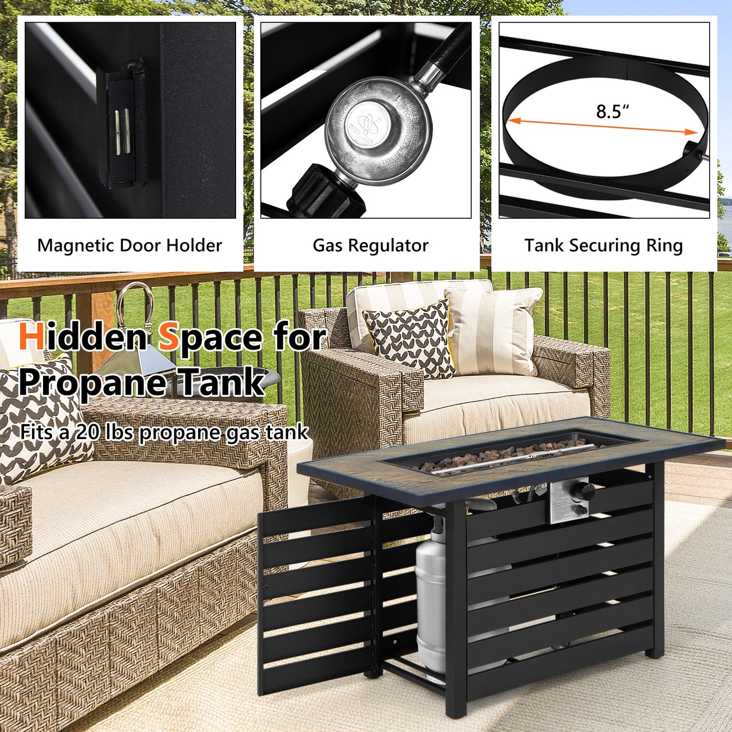 42 Inch 50000 BTU Propane Fire Pit Table with Ore Powder Surface, Black Fire Pit Tables at Gallery Canada