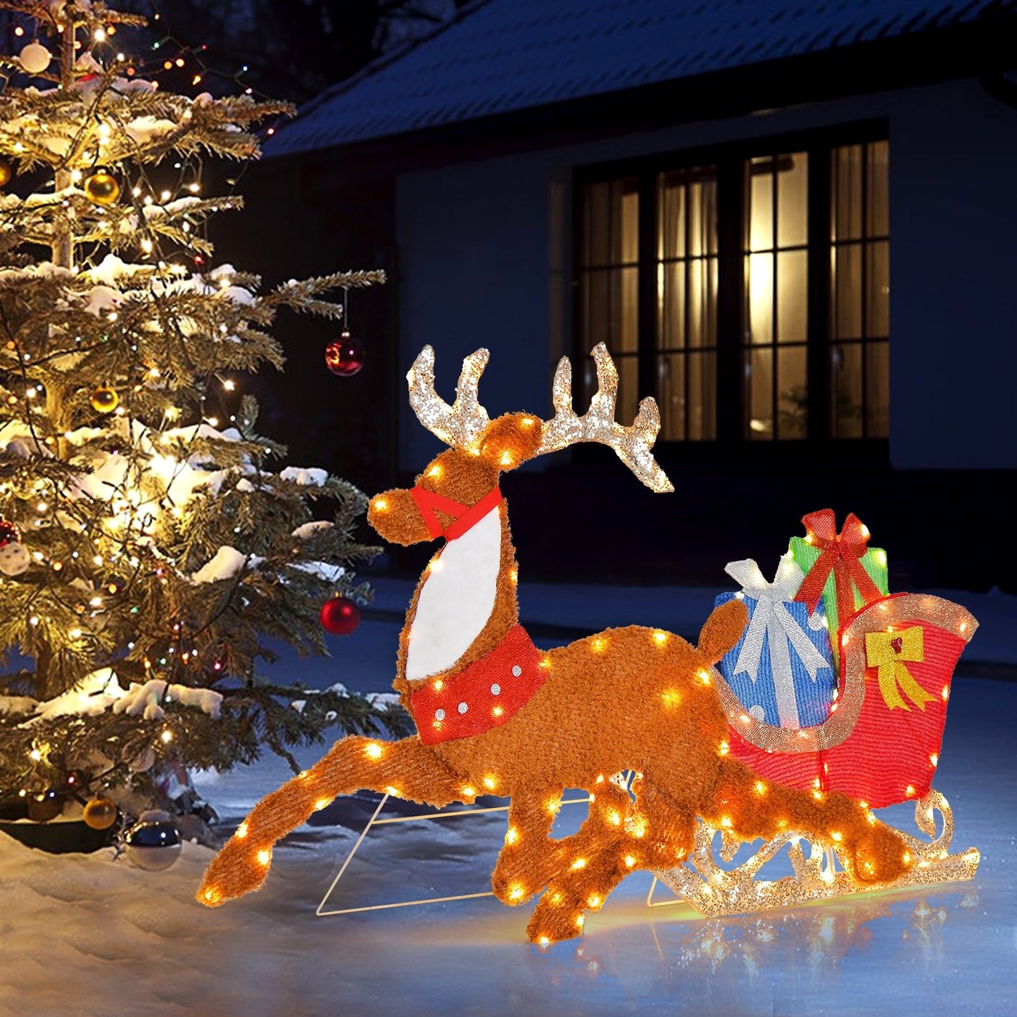 Lighted 2D Christmas Reindeer and Sleigh Decoration for Lawn Front Door Home, Brown