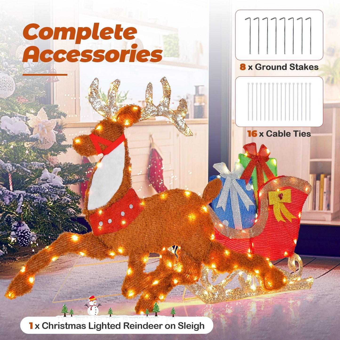 Lighted 2D Christmas Reindeer and Sleigh Decoration for Lawn Front Door Home, Brown