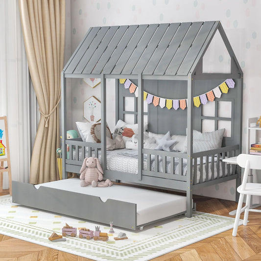 Twin Size House Bed Frame With Trundle, 82 Inch Tall Roof, Gray Toddler Beds Gray at Gallery Canada