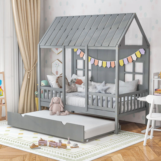 Twin Size House Bed Frame With Trundle, 82 Inch Tall Roof, Gray Toddler Beds Gray at Gallery Canada