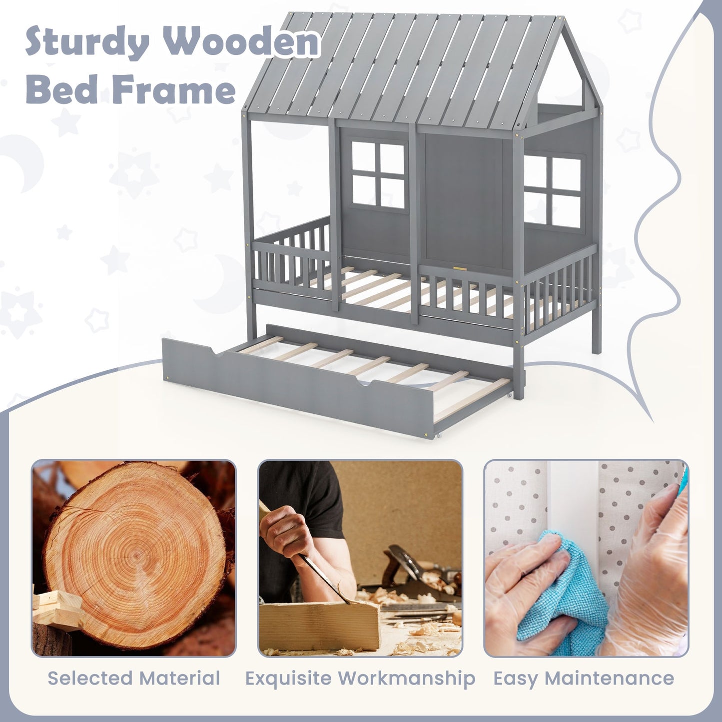 Twin Size House Bed Frame With Trundle, 82 Inch Tall Roof, Gray Toddler Beds at Gallery Canada