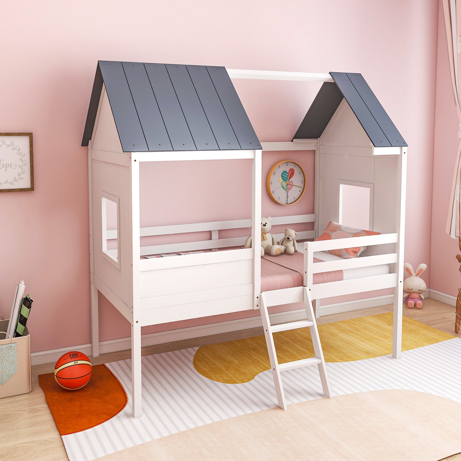 Twin Size Kids House Bed Low Loft Bed Frame with Roof - Gallery Canada