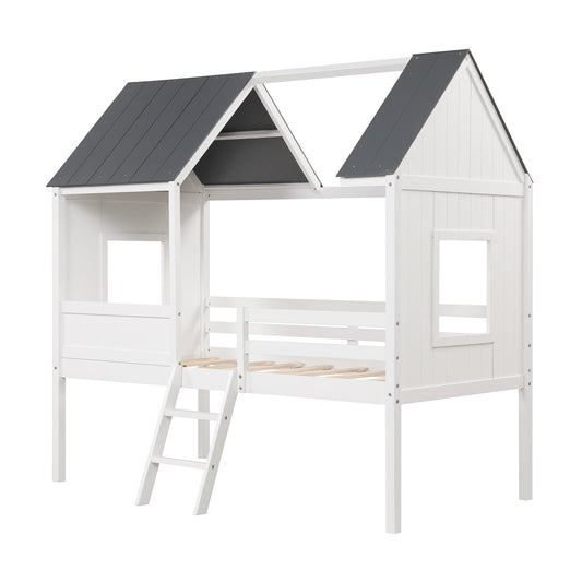 Twin Size Kids House Bed Low Loft Bed Frame with Roof, White