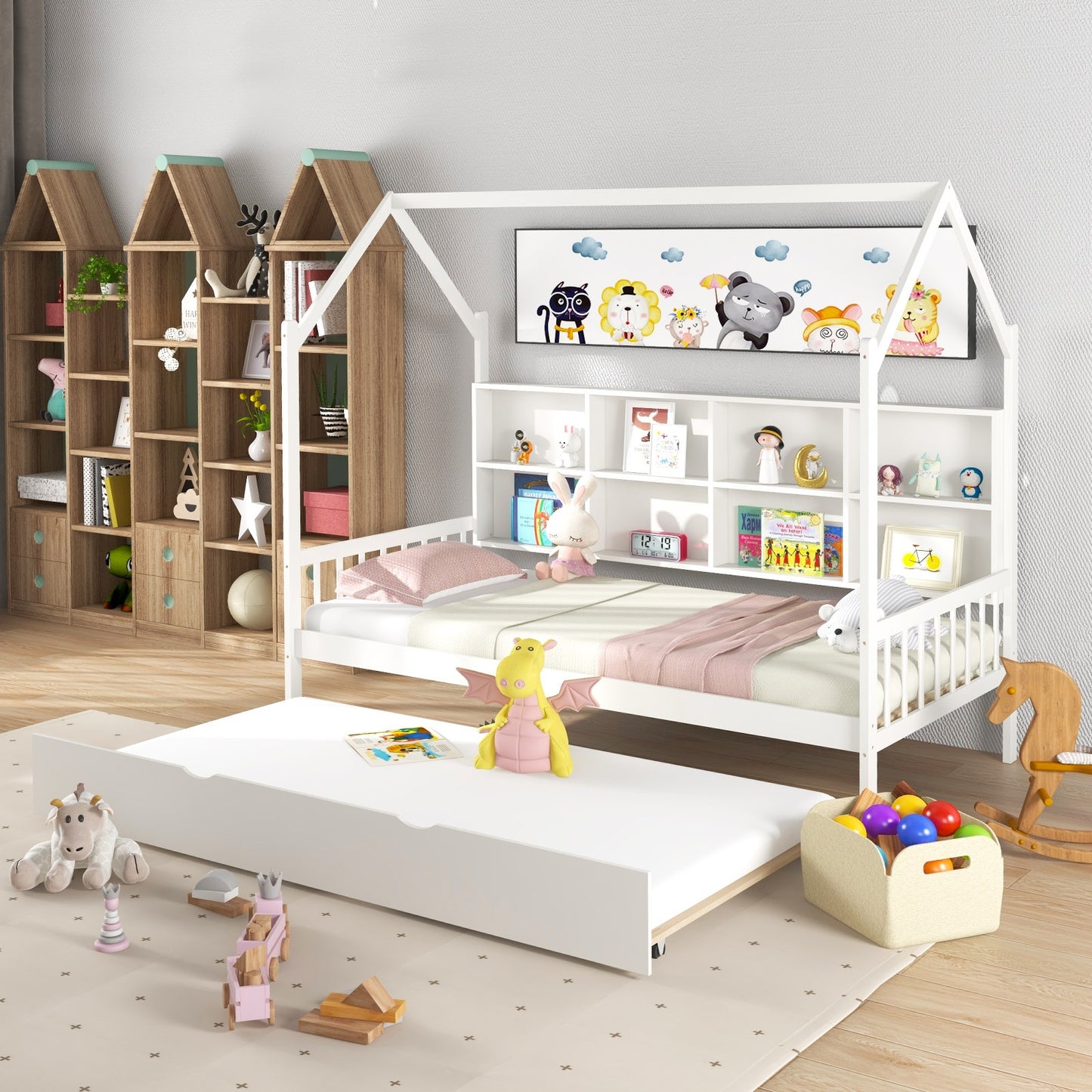 Twin Size Kids Montessori Daybed with Roof and Shelf Compartments - Gallery Canada