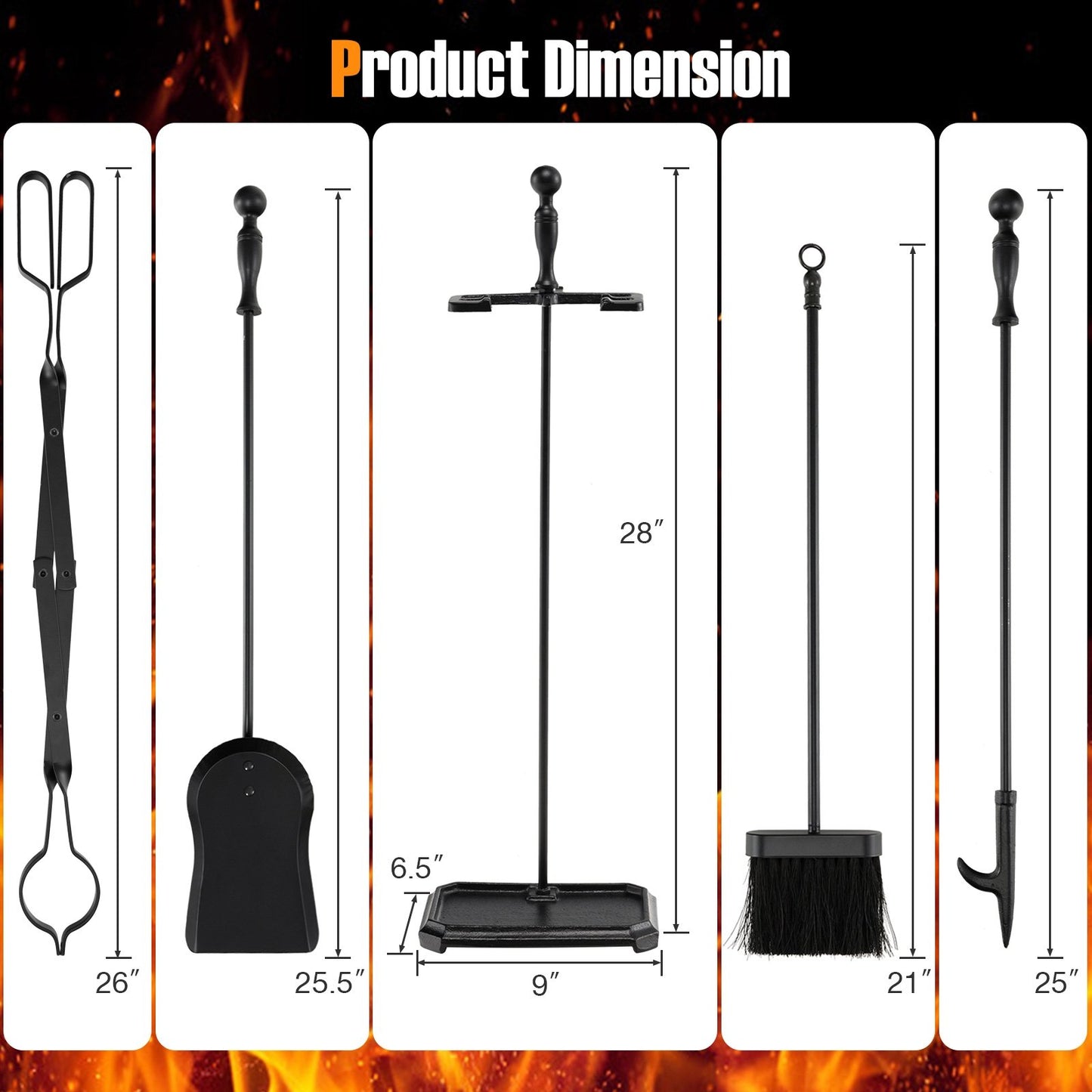 5-Piece Fireplace Tool Set with Tong Brush Shovel Poker Stand, Black